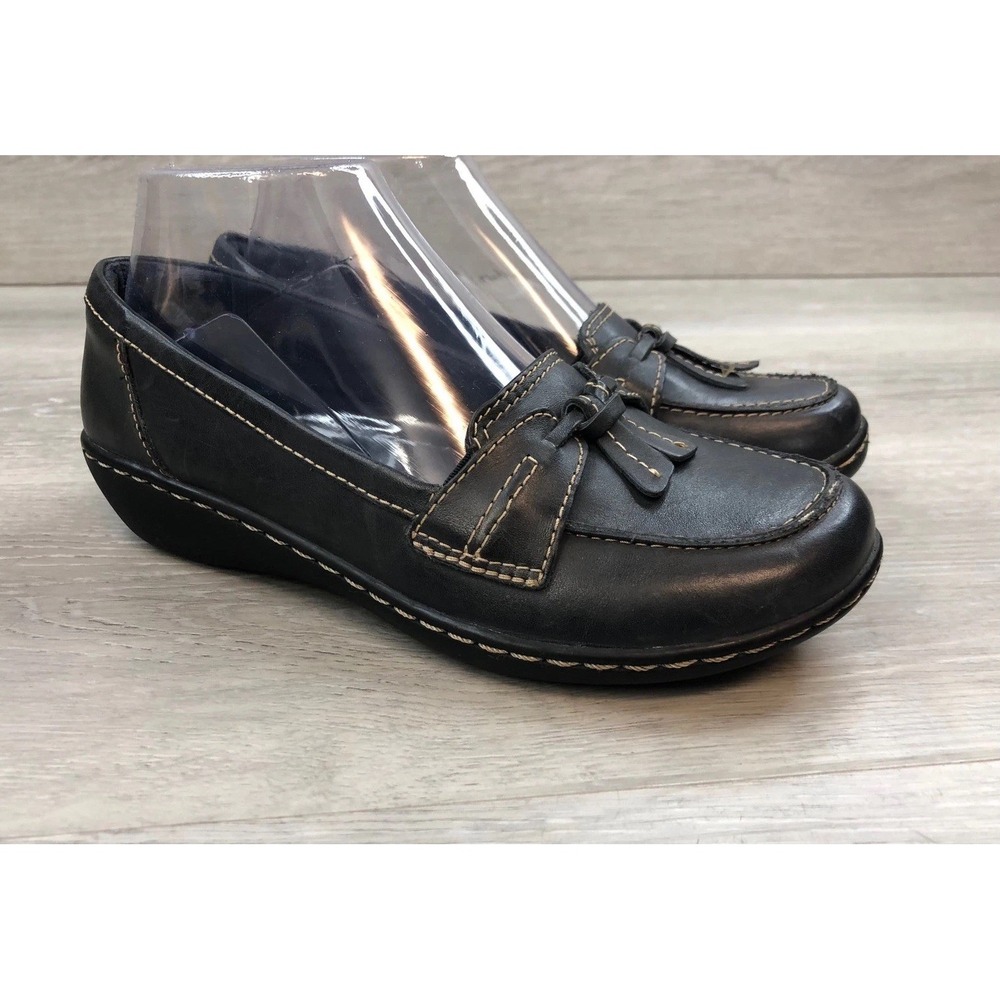 Clarks Ashland Women's Loafers Bubble Black Leather 6 Slip On Comfort Shoes‎